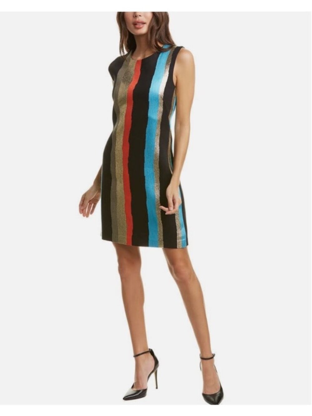 Milly Women's Black Sleeveless Metallic Striped Colorful Mini Dress Size Large - Picture 1 of 13